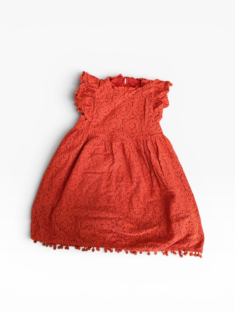 Coral Lace Pom-Hem Flutter Sleeve Kids Dress